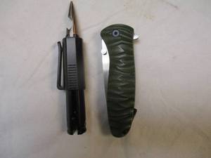 lot 84 image: 1-Bullet Shape, Spring Assist Finger Flip With Bottle Opener and Belt Clip, and 1- Spring Assist Finger Flip With Belt Clip, Pocket Knife.