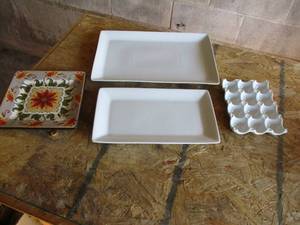 lot 47 image: LOT Of 4----1- Food Net Work Porcelain Egg Tray, 1-8 x 8 Square  Serving Tray And 2-Pottery Barn Great White Rect. Platers