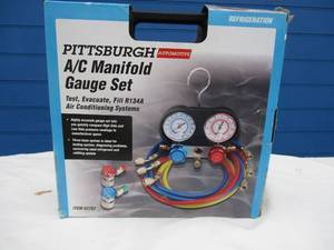 lot 72 image: BNIB-Pittsburgh Automotive Refrigeration AC Manifold Gauge Set  #62707,In travel case.