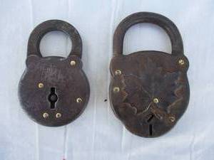lot 69 image: 2-Vintage Antique Padlocks, No Keys, 1- Oak Leaf Face, and 1-Miller Six-Lever  Padlocks