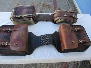 lot 63 image: CHRISTIAN THEME - LEATHER - Motorcycle Saddlebags Throw Over Saddle bags. 2-COMPLETE PAIRS