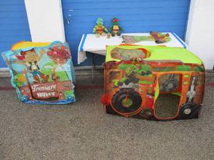 lot 105 image: 2-Kids Pop-up Tents Play Huts, 1-Size-S, Teenage Mutant Turtle Suit, 2-Teenage Mutant Turtle Stuffed Dolls, and Small Turtle