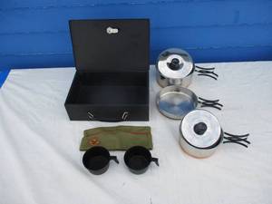 lot 111 image: LOT- Lock Box, Vintage Boy Scouts of America Hat, Campers Pots, Pans And 2-Cups