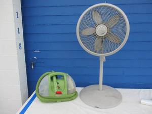 lot 116 image: Bissell - Litte Green Multi-Purpose Portable Carpet and Upholstery Cleaner, Model 1400-7 And Lasko Floor Fan