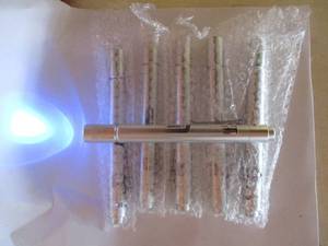 lot 141 image: NEW- Qty of 6- 5.5 BLUE LED Uv-LIGHT, ALUMINUM -PENLIGHT FLASHLIGHTS, WITH PUSH BUTTON ONOFF AND POCKET CLIP.