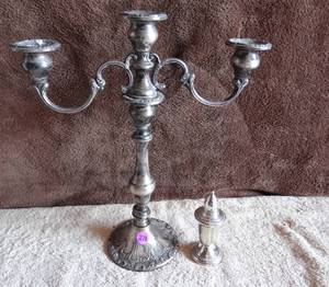 lot 218 image: GORHAM STERLING CANDLESTICK HOLDER (NEEDS REPAIR - SEE PIC 3) & CROWN WEIGHTED STARLING SALT SHAKER
