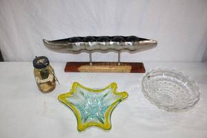 lot 188 image: Mason Jar Lantern Gift, Diamond Cut Bowl, Colored Glass Dish, Pea Pod Sculpture