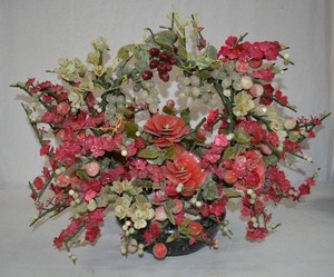 lot 3 image: LARGE Vintage Chinese Jade Vase with Jade leaves and Glass Flowers and Grapes. 29 W x 23H x 22 D