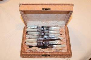lot 2 image: Antique Mother of Pearl and Sterling Knife Set with Storage Box, Knives marked Landers Frary & Clark Aetna Works
