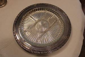 lot 23 image: Silver Platter marked CAMELOT International silver company 8155 and Glass Relish Tray