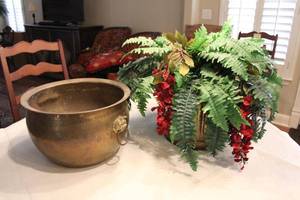 lot 39 image: Brass Planters, One with Artificial Fern and Flower Arrangement