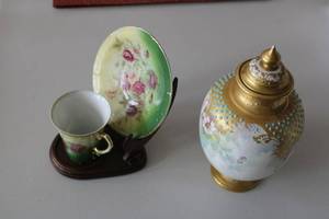 lot 51 image: Victoria Austria Stamped Tea Cup and Saucer and Ornate Painted Urn