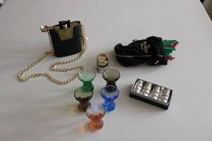 lot 46 image: Colored Shot Glasses, Flask with Gold Chain, Wine Bottle Cap, Cocktail Stirring Sticks and More