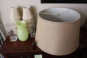 lot 63 image: Large Circle Lamp Shade with Finial, Small Lamp Covers and Vases