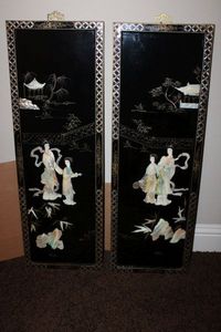 lot 69 image: Pair of Black LacquerMother of Pearl Chinese Wall Panels 36 x 12 each