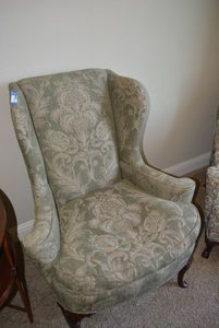 lot 111 image: Wingback Armchair with Sage Green and Cream Colored Floral Print