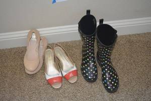 lot 109 image: Womens Shoes Anne Klein iflex (never worn) Size 8.5, Vince Camuto Gathered Flat Size 9, Capelli Multi-Dot Rain Boots