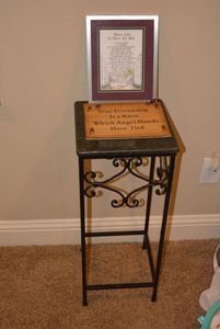 lot 88 image: Marble and Iron Accent Table, Sister and Friendship Plaques