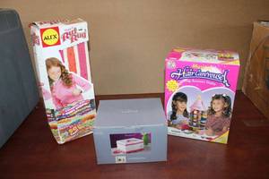 lot 203 image: Ruffle Rug Kit, Musical Hair Carerousel, and Sonoma Jewelry Box still in Packaging