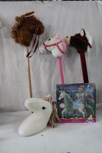 lot 200 image: Horse Toy Lot 3 Kids Stick Horses, Unicorn Head and Disney Royal Horse still in Box