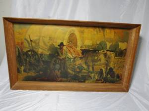 lot 173 image: ARTWORK BY JOHN YOUNG-HUNTER EARLY 1900s OLD SANTA FE TRAIL,MEASURES ROUGHLY 26.5x47, FRAME APPEARS TO BE HAND CARVED