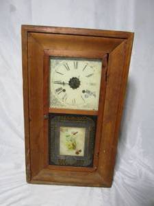 lot 176 image: ANTIQUE WATERBURY WALL CLOCK WITH ORIGINAL PARTS, DAMAGE TO INSIDE LABEL