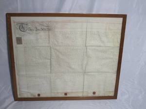 lot 45 image: FRAMED ANTIQUE INDENTURE W EMBOSSED VI PENCE AND SIGNATURES OF JOHN WORGAN &amp ELEANOR WORGAN