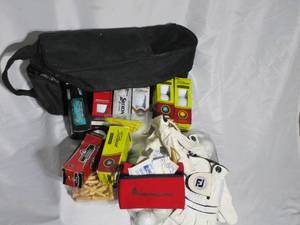 lot 74 image: GOLF BALLS, SOME LOOSE SOME NEW IN BOX, TEES, GLOVES, CARRYING BAG, SMALL FIRST AID KIT