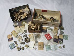 lot 261 image: VERY LARGE AMOUNT OF ANTIQUE &amp VINTAGE WATCH PARTS, FACES, GEARS FOR REPAIR &amp REPLACEMENT, GRUEN, ELGIN, VELAROS, POCKET WATCHES, MAINSPRINGS, 15 &amp 17 JEWEL MOVEMENTS &amp SO MUCH MORE. PREVIEW HIGHLY RECOMMENDED&nbsp