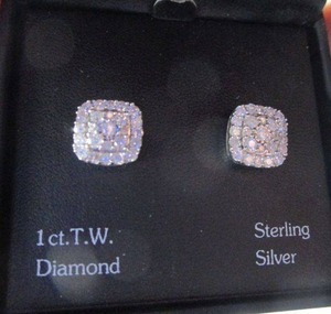 lot 1 image: 1 PAIR DIAMOND EARRINGS - NEW IN BOX BOX STATES 1 CTTW. STONES SET IN 925&nbsp STERLING SILVER. BOX SHOWS 1 CTTW DIAMOND, STERLING SILVER &amp DIAMOND BRILLIANCE