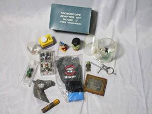 lot 248 image: MICROSCOPE ADAPTER KIT, VINTAGE BBs, VINTAGE YODA &amp MICKY MOUSE FIGURINE, COLLECTABLE TRAIN CAR, COLLECTABLE FORMULA 1 RACING CARS &amp MORE
