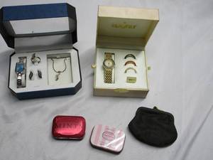 lot 204 image: CONSORT WATCH IN BOX WITH CHANGEBLE ATTACHNMENTS, GENEVA WATCH W MATCHING EARINGS, RING &amp NECKLACE, VINTAGE MINT TINS, COIN PURSE