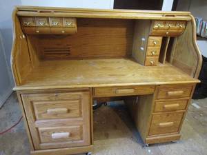 lot 301 image: BEAUTIFUL OAK ROLL TOP DESK W KEYS, HAS BEEN DISASSEMBLED