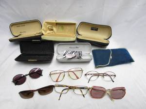 lot 351 image: LOT OF USED GLASSES, SUNGLASSES, AND CASES. SOME HAVE DESIGNER BRAND NAMES, GIORGIO ARMANI, DAVID EDEN, CHANEL, FERRE, CHRISTIAN DIOR, AND MORE. SEE PICS FOR CONDITION.
