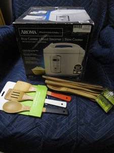 lot 97 image: NEW IN BOX RICE COOKER &amp NEW WOOD UTENSILS