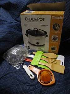 lot 100 image: NIB CROCKPOT, UTENCILS, HAND JUICER, STRAINER