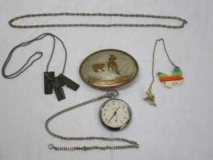 lot 371 image: VINTAGE DORSET JEWELS POCKET WATCH, WESTERN BELT BUCKLE STAMPED NICKEL SILVER, DRAGONFLY PINK MADE IN HONG KONG, BUTTERFLY ACCESSRORY WITH BROKEN CHAIN, MILITARY STYLE CHAIN WITH VINTAGE U.S. KOOLAIRE 1951 CAN OPENERS.&nbsp