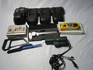 lot 384 image: MISC TOOL LOT... HAND SAWS, BK PRECISION COLOR PATTERN GENERATOR, EMBOSSING HEAT TOOL, WESTWARD MEASUREING TOOL, LEVEL PRO 3, BLACK AND DECKER BATTERY CHARGING STATION.&nbsp