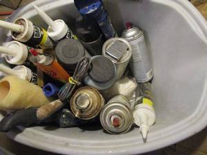 lot 180 image: PAINT ROLLERS, CAULK, TRUCK BED COATING, ZIPPO LIGHTER FLUID, TILE REPAIR MORTOR &amp MORE, BUCKET INCL