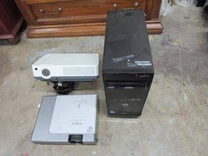 lot 429 image: HITATCHI PROJECTOR, SANYO PROJECTO W MOUNT, HP COMPUTER TOWER