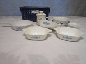 lot 142 image: VINTAGE 1970s-80s CORNINGWARE SET&nbsp BLUE CORNFLOWER (4 PCS), FINE PORCELAIN TEAVANA HAND PAINTED MUG W DIFFUSER &amp LID, VINTAGE 80s CHICKEN SOUP BOWL, VINTAGE CORNINGWARE FRENCH WHITE STONEWARE