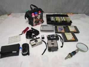 lot 228 image: VINTAGE CAMERAS, LABEL MAKER, CASSETTES, UNIQUE MAGNIFYING GLASS, BETTY BOOP BINGO DAUBER BAG
