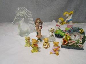 lot 308 image: GLASS HORSE W GCA STICKER, 1996 BISQUE PORCELAIN GOLDEN BLESSING &amp ANGEL TEDDY BABIES, 2 MERMAIDS FIGURINE