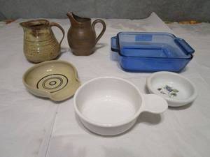 lot 302 image: FRENCH POTTERY PITCHERS, POTTERY FROM MARSHALL TEXAS SIGNED BY THE MASTER POTTER, VINTAGE BLUE ANCHOR BAKING DISH, HALLMARK NATURES SKETCHBOOK SMALL BOWL