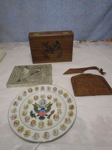 lot 324 image: 1968 MALLARD DUCKS BY CHARLES BECKENDORF ON CANVAS, ANTIQUE JAPANESE WOODEN BROOM &amp DUST PAN, WOOD BOX VELVET LINED INSIDE, VINTAGE PRESIDENTS PLATE ENDING W JIMMY CARTER 1977