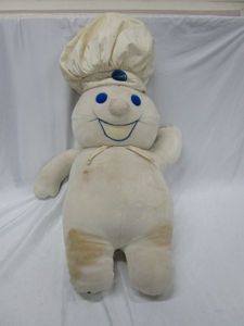 lot 521 image: VINTAGE PLUSH PILLSBURRY DOUGH BOY. HAT IS REMOVABLE. SEE PICTURES FOR CONDITION.