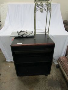 lot 562 image: METAL DECO PLANT STAND, PHILIPS DVD PLAYER, BLACK SHELVING STAND WITH PULL OUT SHELF.&nbsp