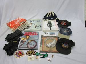 lot 570 image: HARLEY DAVIDSON ITEMS, GLOVES,&nbsp MISC PATCHES, VINTAGE SERVICE MANUALS, CUSTOM CHOPPER COOK BOOK, MOTORCYCLE MAGAZINES.
