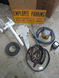 lot 587 image: JUMPER CABLES, POWER CONVERTER, LANTERN, METAL SIGN, AND MORE