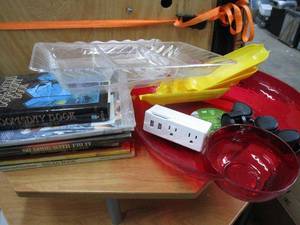 lot 643 image: BOOKS, MULTI OUTLET PLUG, CORN HOLDERS, SERVING TRAYS, MISC.